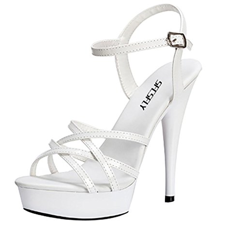 SFCSFLY Women's Open Toe Ankle Straps High Heels Pumps Wedding Party Sandals White PU Size 9 EU41