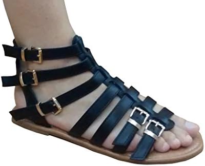 Red Circle Women Buckle Zip Ankle Cuff Flat Gladiator Summer Sandals (8, Black)