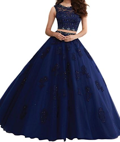 Datangep Women's Beaded Ball Gown Lace Two Piece Formal Quinceanera Dress Dark Blue US2