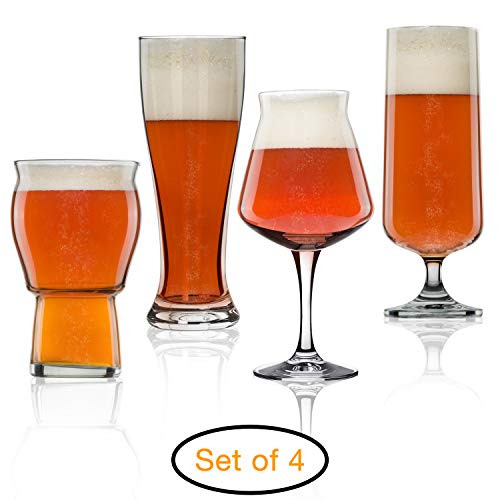 Set of 4 Nucleated Beer Glasses for Better Head Retention, Aroma and Flavor - 4 Unique Craft Beer Glass for Beer Drinking Enhancement - Beer Glass Gift Idea for Men