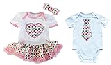 Baby Girls Colorful Polka Dots Heart Bodysuit Tutu & Boys Tie Romper Twins Set