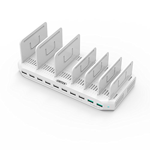 iPad Charging Station, Unitek 96W 10-Port USB Charging Dock Hub with Quick Charge 3.0, Charging Stand Compatible Multiple Device, Charging 8 iPads Simultaneously - White [Upgraded Divider]