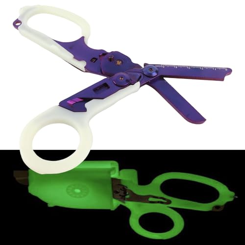 Herramientas de Tijeras de Rescate para Acampar, corte de trauma plegable con interruptor de vidrio de acero inoxidable Manija luminosa de trauma plegable para al aire libre (Púrpura)