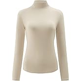 Kindcall Women’s Slim Fitted Mock Turtleneck Tops Long Sleeve Lightweight Base Layer Shirts (Beige1, Large)