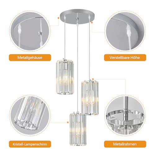ZPBSJ Chrome Crystal Chandelier, Hanging Dining Room Lamp, Nightstand Lamp, Height Adjustable Flexible Chandelier, Ideal for Dining Room, Living Room and Kitchen Islands (3 Lights)