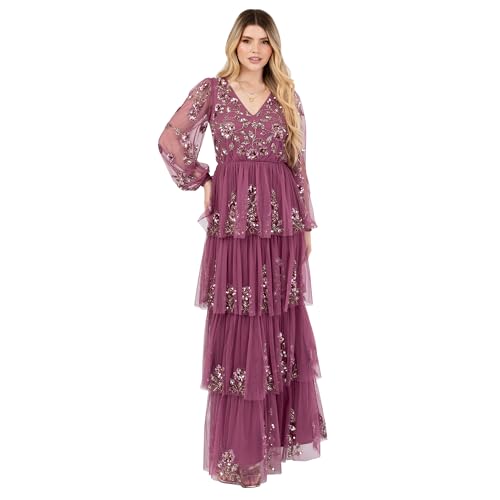 Maya Deluxe Women's Maxi Dress Ladies V-Neck Long Blouson Sleeve Floral Sequin Embellished A-Line Tiered Skirt Tulle Keyhole Back, Rosa 36