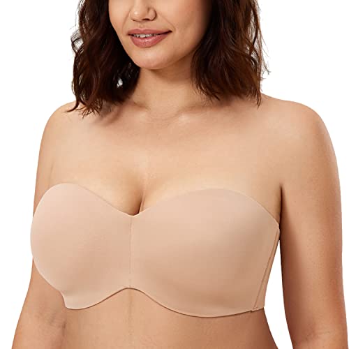 CALVENA Unlined Strapless Bra for Women Minimizer Seamless Bandeau Underwire Bra for Big Busted