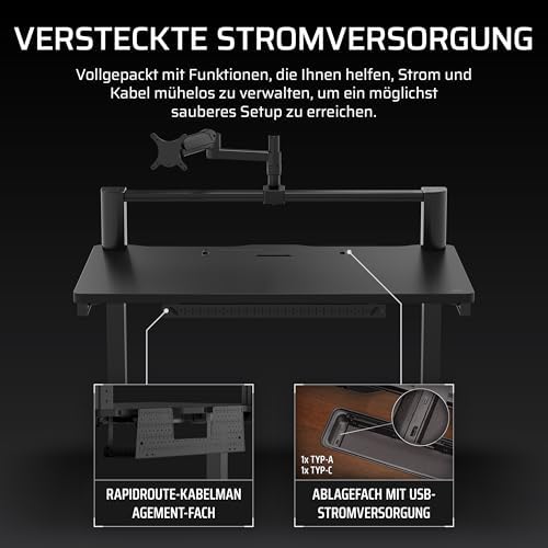 Platform:4 – 120 cm x 76 cm, Fester Höhe, Stehender Computer Home Office Gaming-Schreibtisch, Kabelmanagement, USB-Anschluss, Monitorarm Inbegriffen – Schwarz