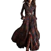 OSCORP Women's Plaid Shirt Maxi Dress Button Down Long Sleeve Belted Waist Gown Big Swing A-Line Dress with Side Pockets