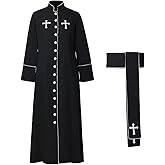 Priest Costume Pastor Robe Roman Cassock with Stand Collar White/Black 3Pcs Clergy Robe Stole and Cross Necklace