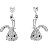 Dainty Bunny Rabbit Drop Dangle Earrings 925 Sterling Silver Pin Post Crystal Pink CZ Flower Love Heart Animal Stud Earring Cute Easter Birthday Jewelry Gifts for Women Girls