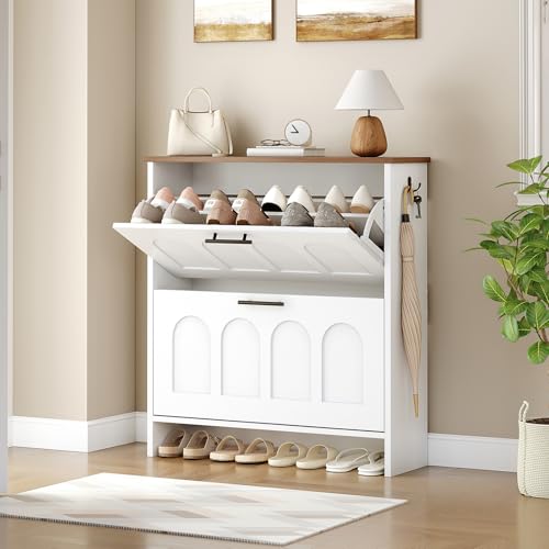 HOOBRO Flip Shoe Cabinet, Narrow Storage with Arch-Patterned Doors, Adjustable Shelves, Entryway Organizer for Hallway, Small Spaces, White and Walnut WH42SC01