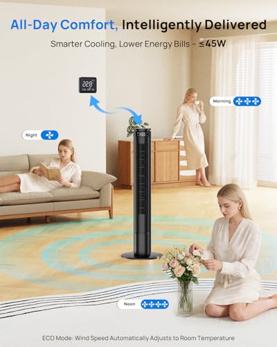 Tower Fan 92 cm with Adjustable LED Screen (Total Off) and Remote Control with Mute Button, Silent Column Fans 28dB, 6 Speeds+5 Modes, Oscillation 70°, 8 m/s, Timer 12h