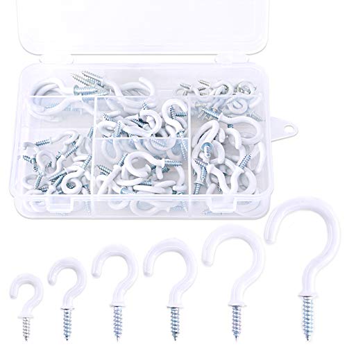 Glarks 100Pieces 6 Sizes White Vinyl Coated Cup Hooks Screwin Ceiling