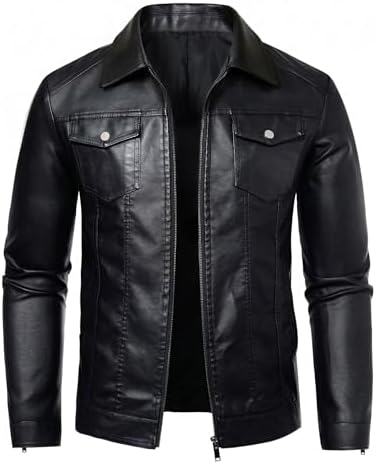 WULFUL Men's Stand Collar Leather Jacket Motorcycle Lightweight