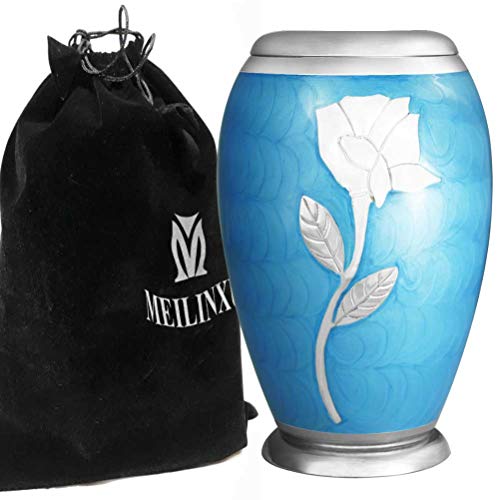 MEILINXU - Funeral Urns for Adults Ashes, Cremation Urn for Human Ashes - Memorials Urns for Ashes - Display Burial Urn at Home or in Niche at Columbarium (Ascot Blue with Silvery Rose, Large Urn