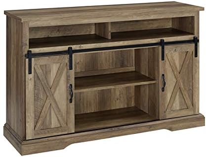 Pemberly Row Farmhouse Sliding Door Wood 52" Highboy TV Stand Console Buffet Credenza Storage Cabinet in Rustic Oak