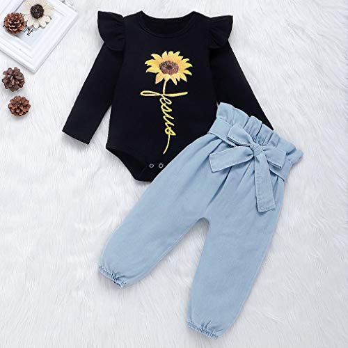 Little Story 0M-24M Children's Solid Color Long-Sleeved Cartoon Sunflower Print Hakama + Bow Trousers Set Infant Baby Kids Black