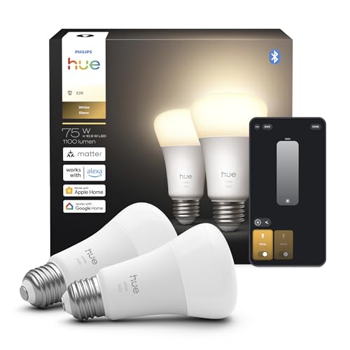 Philips Hue Smart LED A19 Bulb 2-Pack, Warm White Light 2700K, E26...