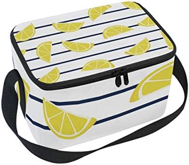 Insulated Lunch Bag Lemon Slices Marine Stripes Lunchbox Thermal Handbag Food Container Cooler Reusable Outdoors Travel Work School Strap Lunch Tote