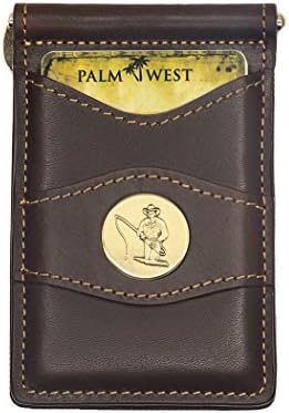 Palm West Leather Minimalist Leather Money Clip Wallet with RFID with Medallion (Dark Brown Leather, Fly Fisherman Medallion)