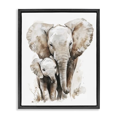 Stupell Industries Elephant Baby with Mother Black Framed Floater Canvas Wall A…