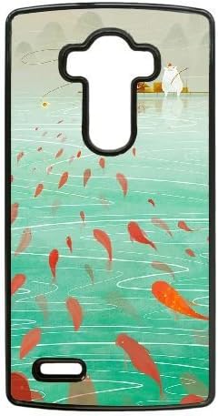 LG G4 Case,Cute White Cat Fishing Red Koi Pattern Creative Design Durable Hard Plastic Scratch-Proof Protective Case,Black