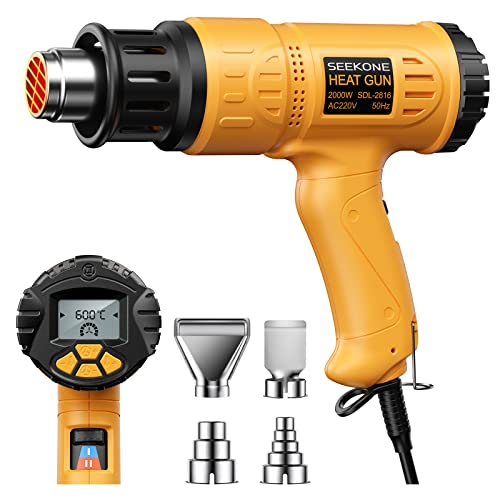 SEEKONE Professional Heat Gun 2000W 50℃-600℃ with Large Digital LCD Display, Variable Temperature Hot Air Gun with Ignition Memory, ℃-℉, Shutdown Delay Function