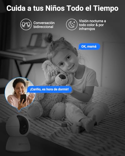 E T EASYTAO TV-628 Cámara de Seguridad Interior, 2K 3MP Cámara Alexa WiFi, iCSee O Tris Home App, Audio Bidireccional, Control Remoto, Detección de Movimiento, Visión Nocturna,Compatible con Alexa