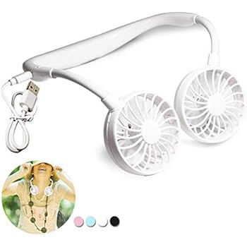 GNYO Portable USB Fan - Hand Free Personal Mini Fan with 2000mAh Rechargeable Battery Neck Fan with 3 Speeds 360 Degree Adjustment Head for Outdoor Office Travel Camping (White)