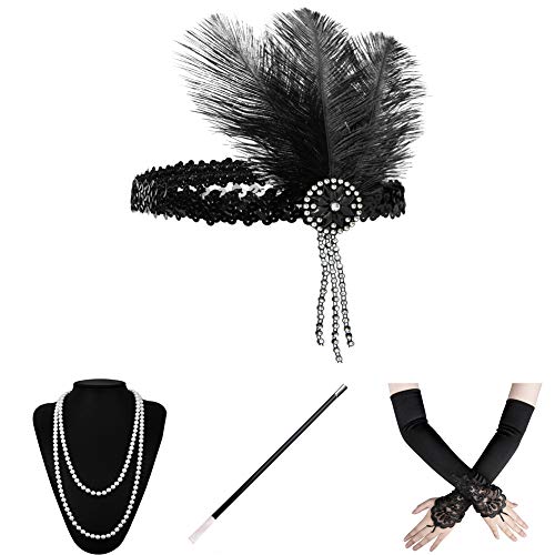 Xuhan 1920s Flapper Costume Accessories Set for Women Headband Necklace Gloves Cigarette Holder (Set-13) - Thumbnail 6