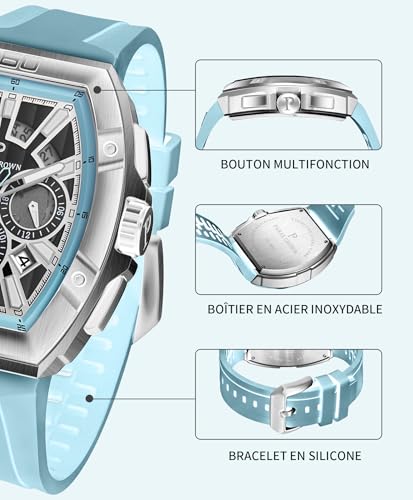PC PARAS CROWN Men's Chronograph Sport Casual Watch with Japanese Movement Water Resistant 5 ATM Stainless Steel Tonneau Case Silicone Strap Quartz