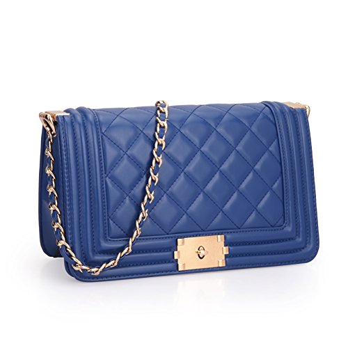 Dasein Women's Designer Quilted PU Leather Twist Lock Crossbody Bag Shoulder Bag Fashion Handbags w/ Chain Strap (Blue)