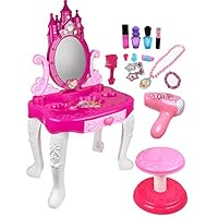 Kiddie Play Pretend Play Kids Vanity Table and Chair Beauty Play Set with Fashion Accessories for Girls