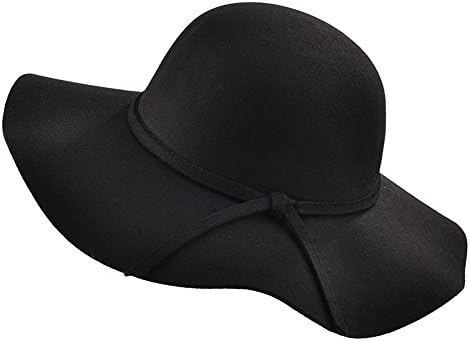 Diffyou Women's Solid Wool Ribbon Wide Brim Party Floppy Sun Felt Hat Black