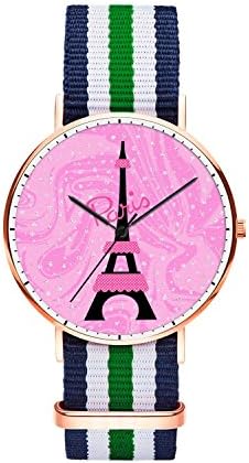 Men 40mm Stainless Steel Rose Gold Classic Quartz Eiffel Tower Paris Watch Blue White Gree White Blue Nylon Replaceable Multi-Color Striped Nylon Band, Under 20 Dollar Amout