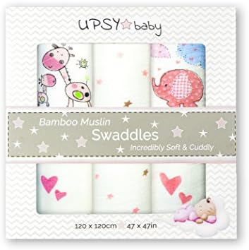 Extra Soft Muslin Swaddle Blankets - 70% Bamboo 30% Cotton - 3 pack - 47 x 47 inch Large - Cute Pink Designs - Perfect gift for baby girl