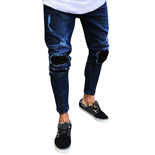 Edenun 2019 New Men's Slim Biker Zipper Denim Hole Feet Jeans Skinny Frayed Pants Distressed Rip Trousers Locomotive - Thumbnail 7