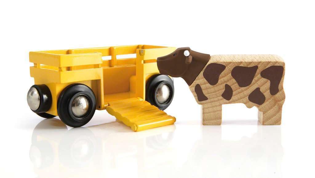 BRIO World Farm Cow & Wagon Train for Kids Age 3 Years Up - Wooden Railway Accessories and Add Ons