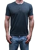 Short Sleeve Mens Raglan Henley TShirt w / Pocket, Heather Charcoal, Medium