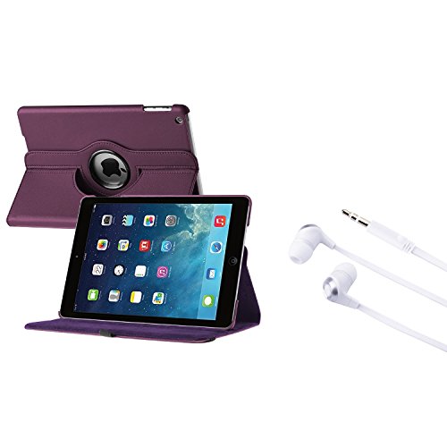 Insten Purple 360 Swivel Leather Case with FREE White Silver In-ear Stereo 3.5mm Stereo Headsets Compatible With Apple iPad Air / iPad 5