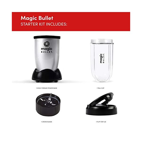 Magic Bullet 4pc Starter Kit - Includes 1 High Torque Power Base, 1 Tall Cup with Flip Top Lid & 1 Cross Blade - Food…