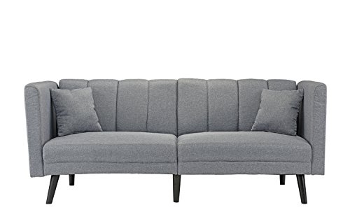Sofamania Mid Century Modern Plush Tufted Linen Fabric Living Room Sleeper Futon (Light Grey)