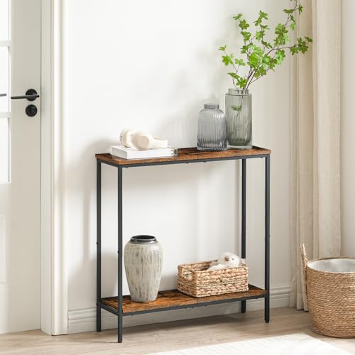 HOOBRO Narrow Console Table for Living Room, Skinny Entryway Table with Storage Shelves, Slim Sofa Table for Hallway, Industrial Console Table Entrance for Bedroom, Rustic Brown and Black EBF22XG01