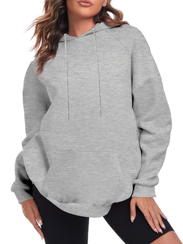 FKEEP Oversize Hoodies Women Fleece Crewneck Sweatshirt Casual Long Sleeve Pullover Tops with Pockets(Grey,Large)