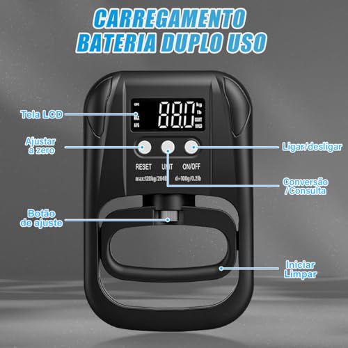 120 kg Testador de Força de Aderência com Visor LCD, Dinamômetro de Aderência de Mão, Testador Eletrônico de Força de Aperto de Mão, Treinador de Dinamômetro para Medição Manual, Dinamometro