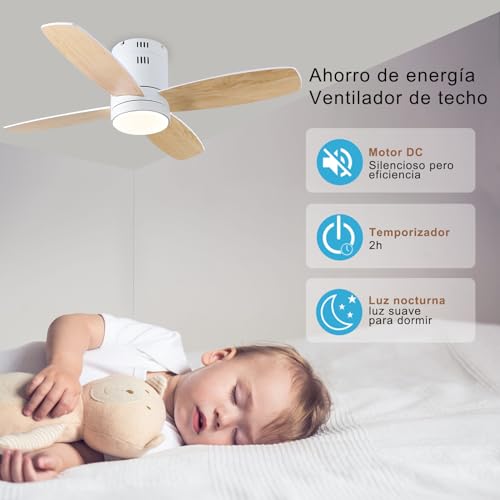 Ohniyou Ventilador de Techo con Luces, 38'' Ventiladores de Techo Pequeños de Montaje Empotrado, Control Remoto y APP, Luz Regulable, 6 Velocidades, Reversible, para Patio Cocina Dormitorio(Blanco)