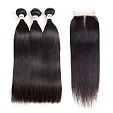 Mirthful Brazilian Straight Human Hair 3 Bundles With Closure 8A 100% Unprocessed Virgin Straight Hair Weave Extensions With Lace Closure Middle Part Natural Black(10 12 14 w 10 middle part)