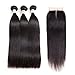 MIRTHFUL Straight Bundles With Closure Brazilian Straight Human Hair 3 Bundles With Lace Closure Natural Color Human Hair Extensions (10 12 14 w 10 middle part)
