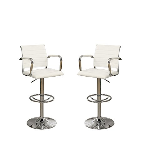 Poundex Bobkona Nara Adjustable PU Bar Stool with Armrest, White, Set of 2